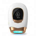 máquina depiladora laser IPL SILQ Lumira blanca con detalles dorados y pantalla digital de 999,999 flashes